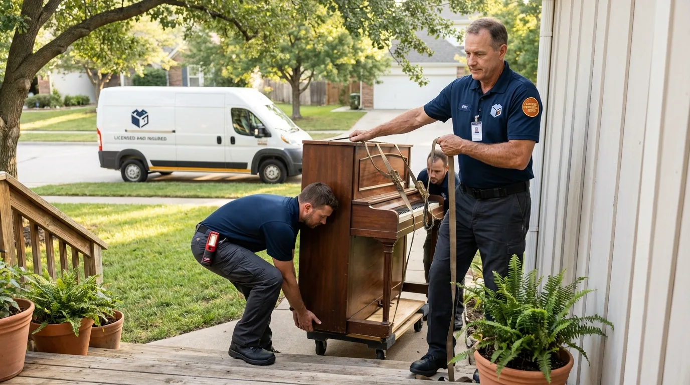 Licensed piano movers securing grand piano in Buffalo, WY