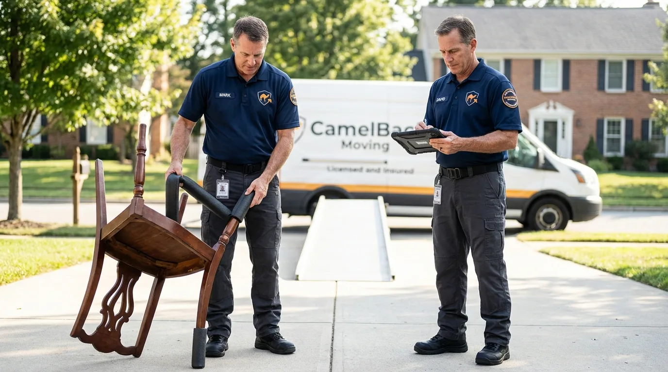 Movers inspecting furniture for damage prevention before loading in Buffalo, WY
